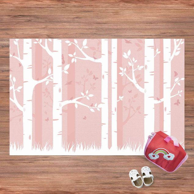 tapijt modern Pink Birch Forest With Butterflies And Birds