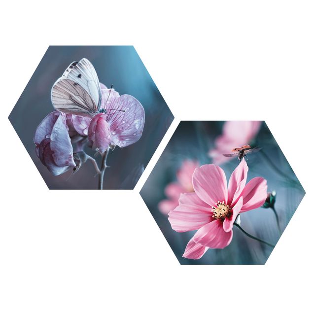 Hexagons Forex schilderijen - 2-delig Butterfly And Ladybug On Flowers