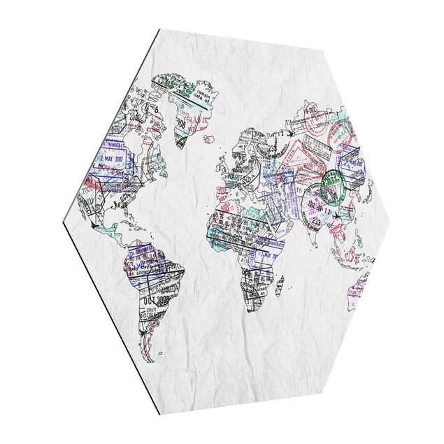 Hexagons Aluminium Dibond schilderijen Passport Stamp World Map