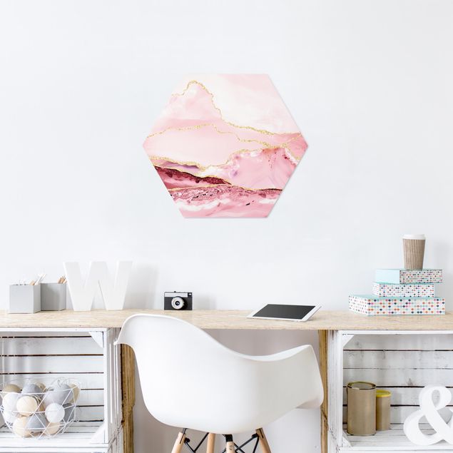 Hexagons Forex schilderijen Abstract Mountains Pink With Golden Lines
