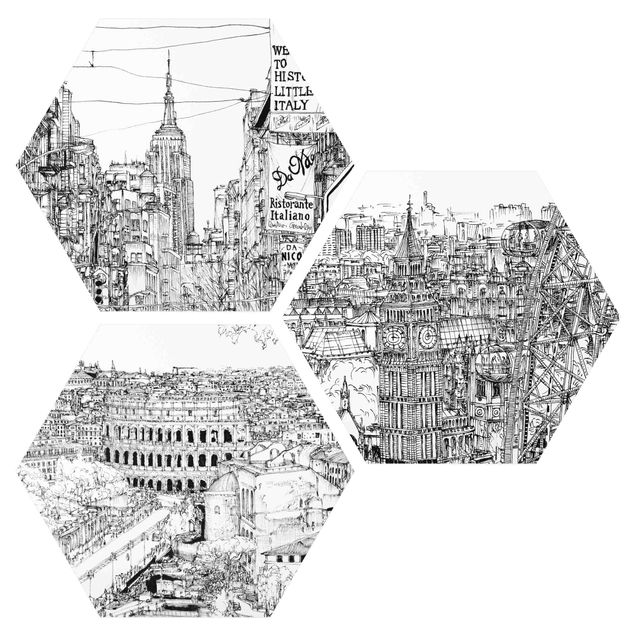 Hexagons Forex schilderijen - 3-delig City Studies - New York - London - Rome