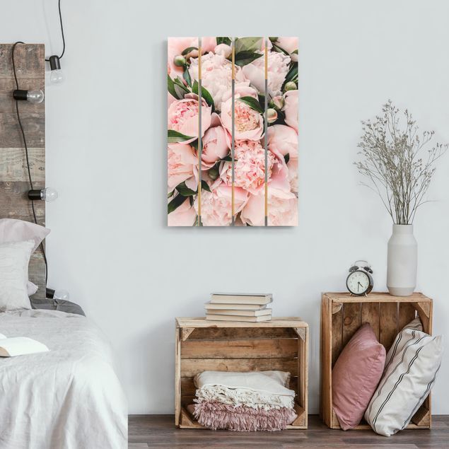 Houten schilderijen op plank Pink Peonies With Leaves