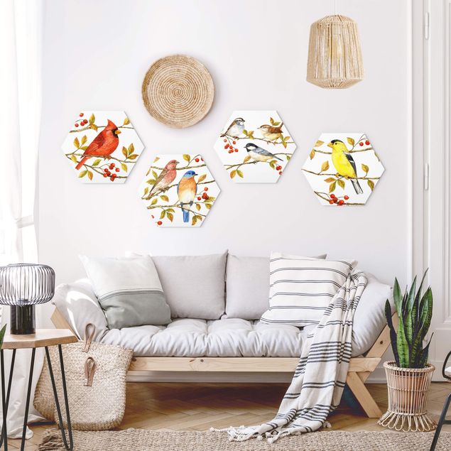 Hexagons Forex schilderijen - 4-delig Birds And Berries Set II