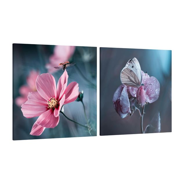 Canvas schilderijen - 2-delig  Butterfly And Ladybug On Flowers