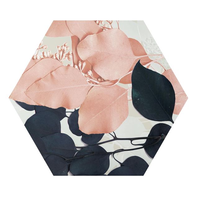 Hexagons Aluminium Dibond schilderijen Leaves Indigo & Rouge I