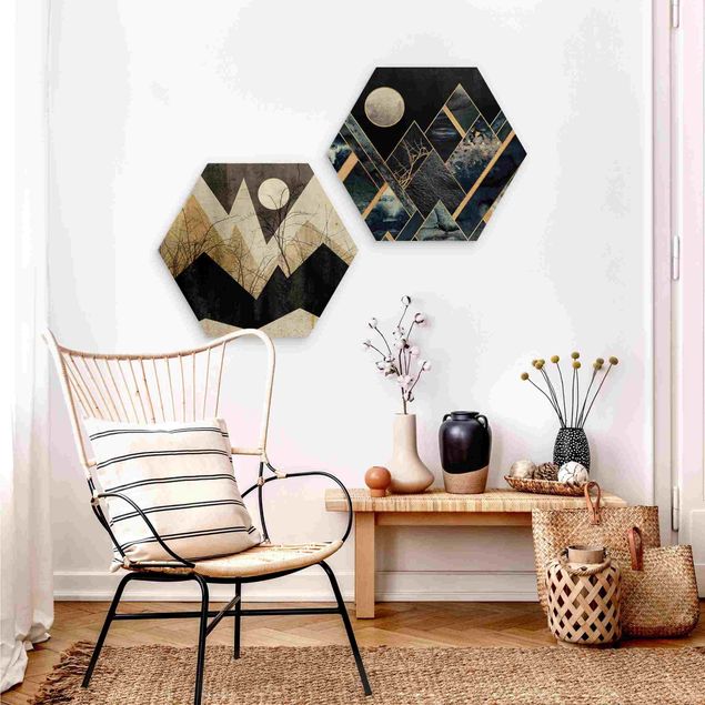 Hexagons houten schilderijen - 2-delig Golden Moon And Geometric Mountains