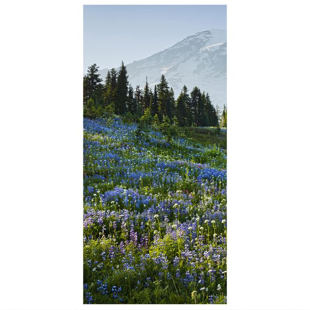 Schuifgordijnen - Mountain Meadow With Blue Flowers in Front of Mt. Rainier