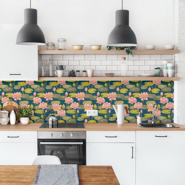 Achterwand voor keuken patroon Lotus On Blue