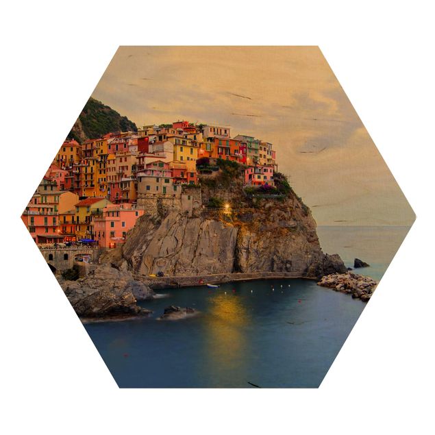 Hexagons houten schilderijen Colourful coastal town