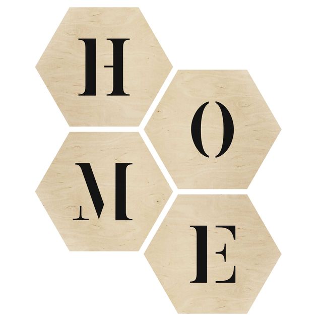 Hexagons houten schilderijen - 4-delig Letters HOME Black Set II