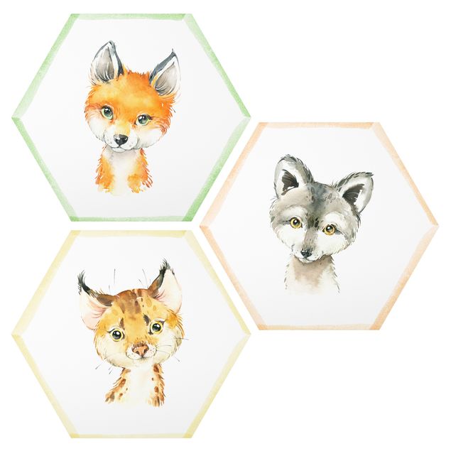 Hexagons Aluminium Dibond schilderijen - 3-delig Watercolour Forest Animals Set III