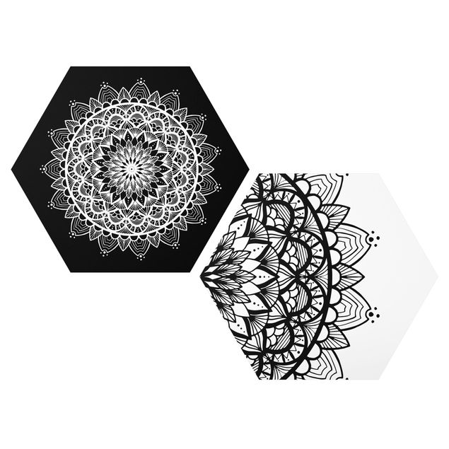 Hexagons Aluminium Dibond schilderijen - 2-delig Mandala Illustration Shabby Set Black White