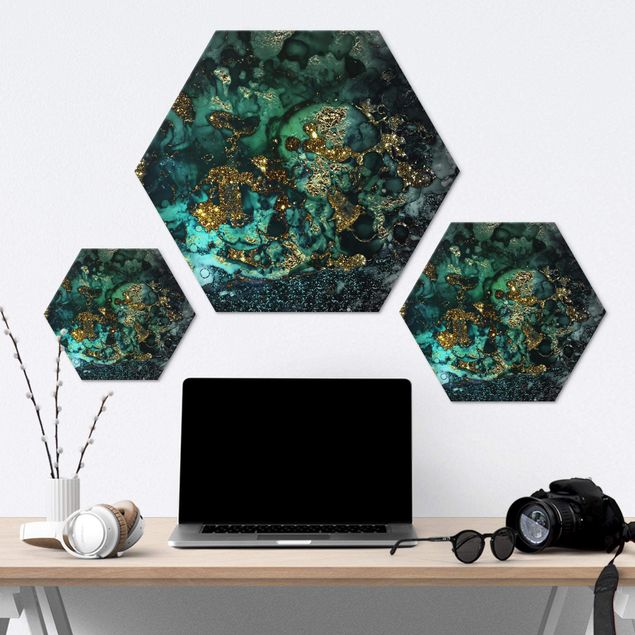 Hexagons Aluminium Dibond schilderijen Golden Sea Islands Abstract