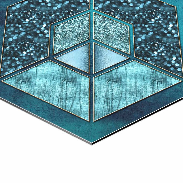 Hexagons Aluminium Dibond schilderijen Blue Hexagon With Golden Contour