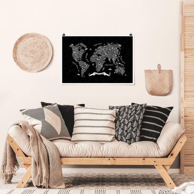 Posters Typography World Map Black