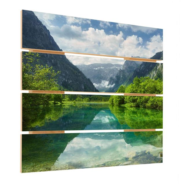 Houten schilderijen op plank Mountain Lake With Water Reflection