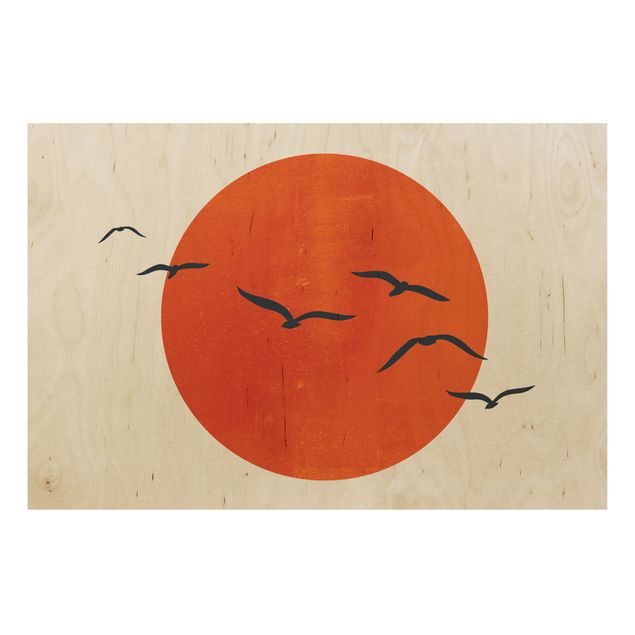 Houten schilderijen Flock Of Birds In Front Of Red Sun I