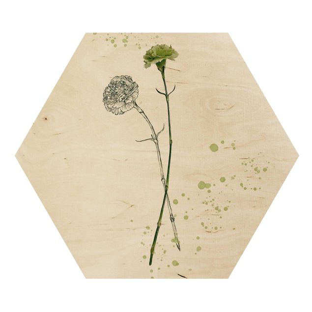 Hexagons houten schilderijen Botanical Watercolour - Carnation