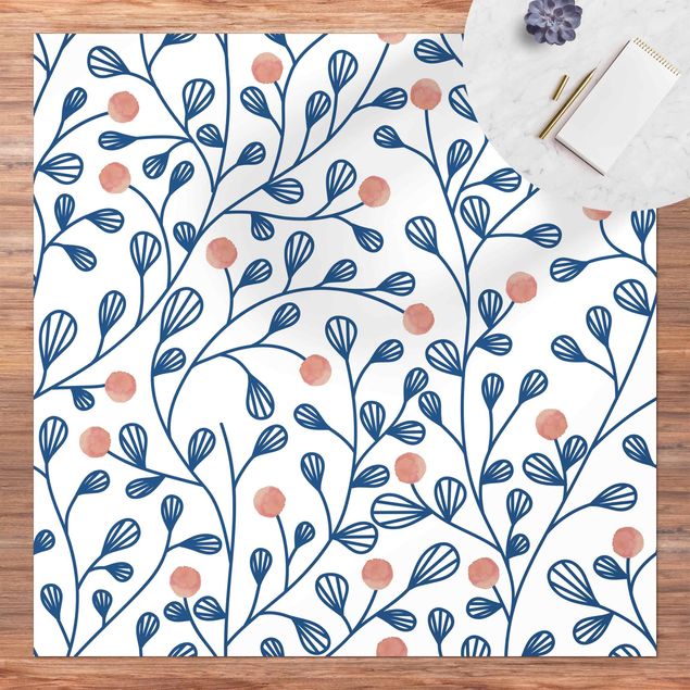 Vloerkleed modern Blue Plant Pattern With Dots In LIght Pink