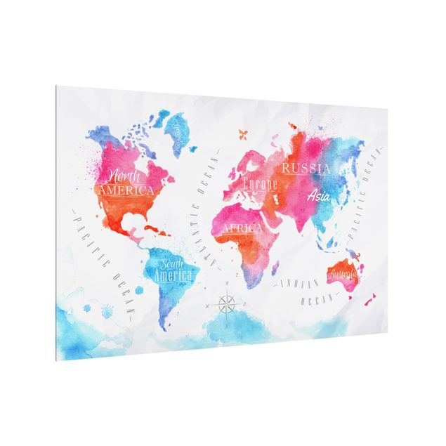 Spatscherm keuken World Map Watercolor Red Blue
