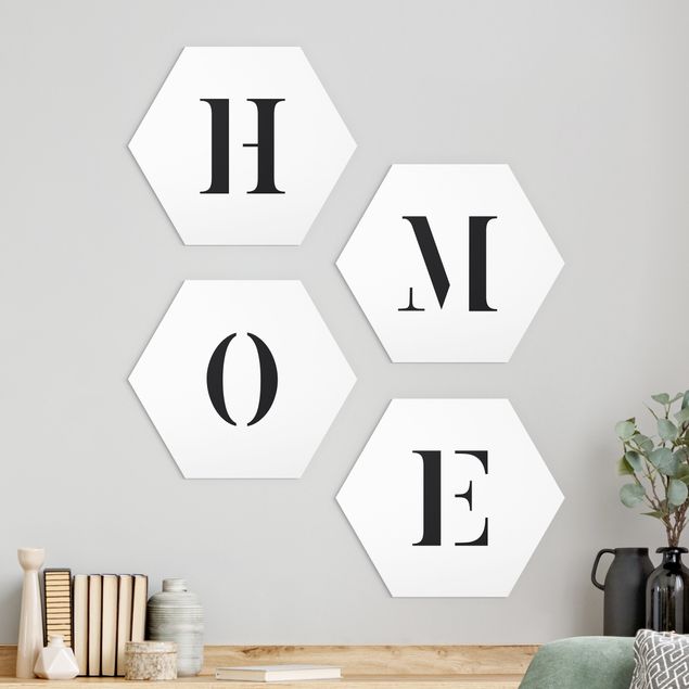 Hexagons Forex schilderijen - 4-delig Letters HOME Black Set II