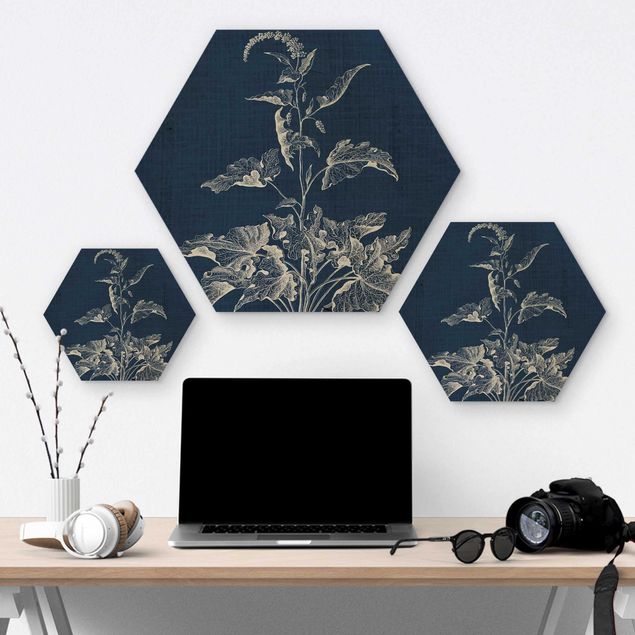 Hexagons houten schilderijen Denim Plant Study II