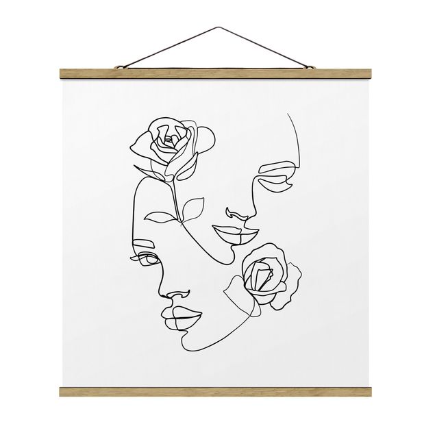 Stoffen schilderij met posterlijst Line Art Faces Women Roses Black And White