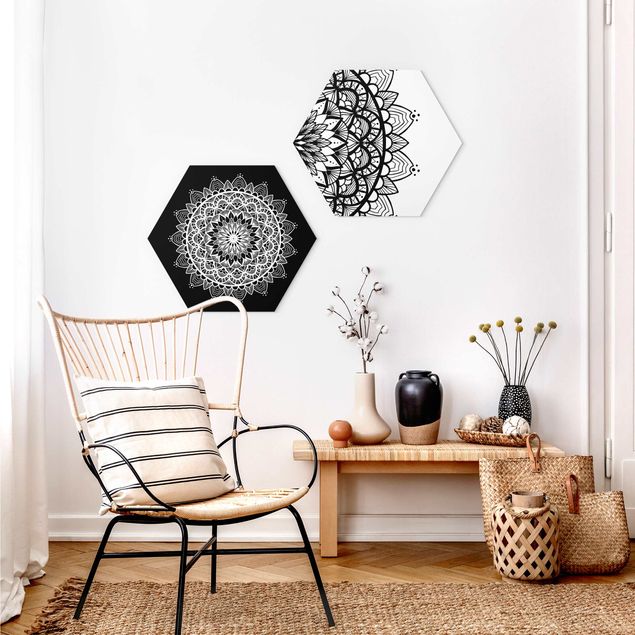 Hexagons Forex schilderijen - 2-delig Mandala Illustration Shabby Set Black White