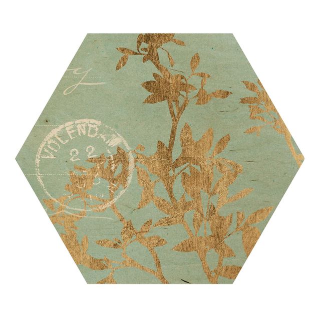 Hexagons houten schilderijen Golden Leaves On Turquoise II