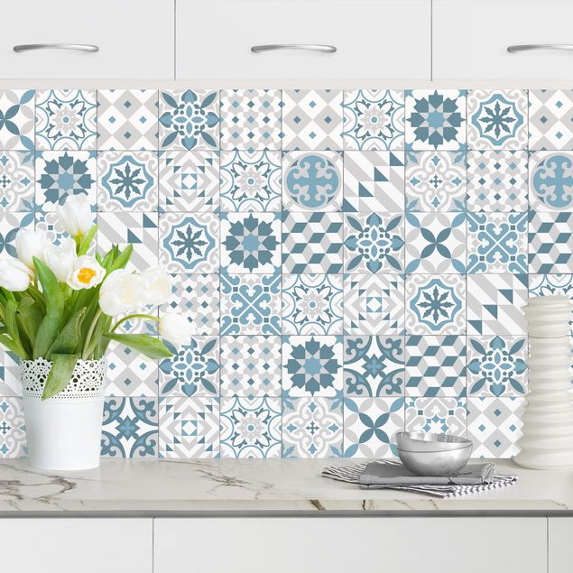 Achterwand voor keuken patroon Geometrical Tile Mix Blue Grey