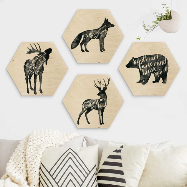 Hexagons houten schilderijen - 4-delig Animals With Wisdom Set I