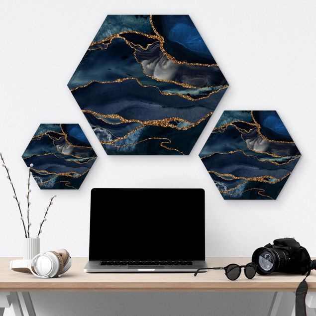 Hexagons houten schilderijen Golden Glitter Waves In Front Of Blue