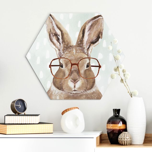 Hexagons Aluminium Dibond schilderijen Animals With Glasses - Rabbit