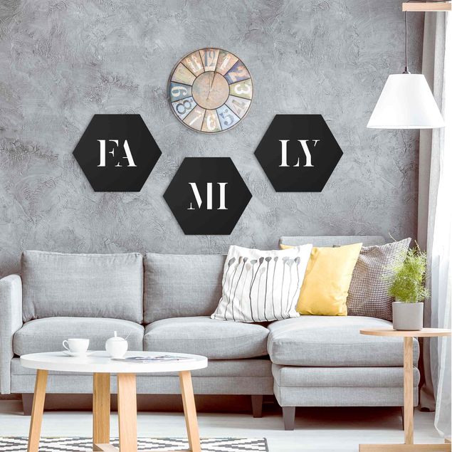 Hexagons Aluminium Dibond schilderijen - 3-delig Letters FAMILY White Set I