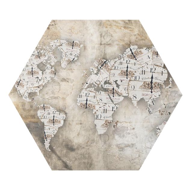 Hexagons Aluminium Dibond schilderijen Shabby Clocks World Map