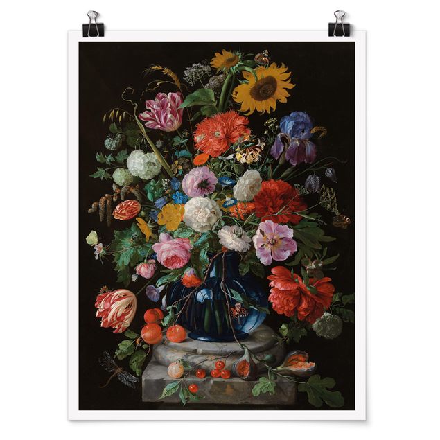 Posters Jan Davidsz de Heem - Tulips, a Sunflower, an Iris and other Flowers in a Glass Vase on the Marble Base of a Column