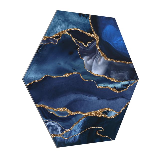 Hexagons Aluminium Dibond schilderijen Golden Glitter Waves Blue Backdrop