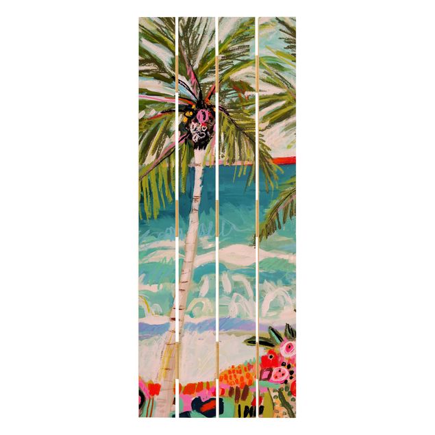 Houten schilderijen op plank Palm Tree With Pink Flowers I