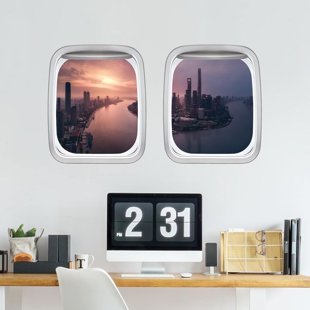 Muurstickers métropole Aircraft Window Sunrise In Shanghai