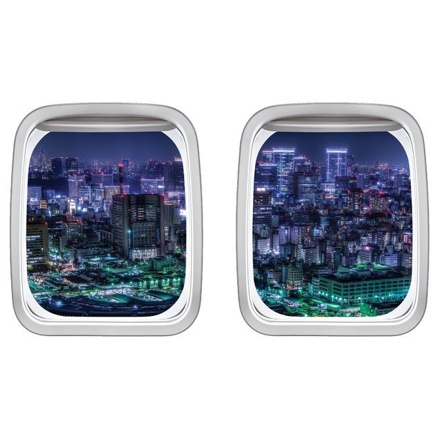 Muurstickers 3d Aircraft Window Tokyo At Night