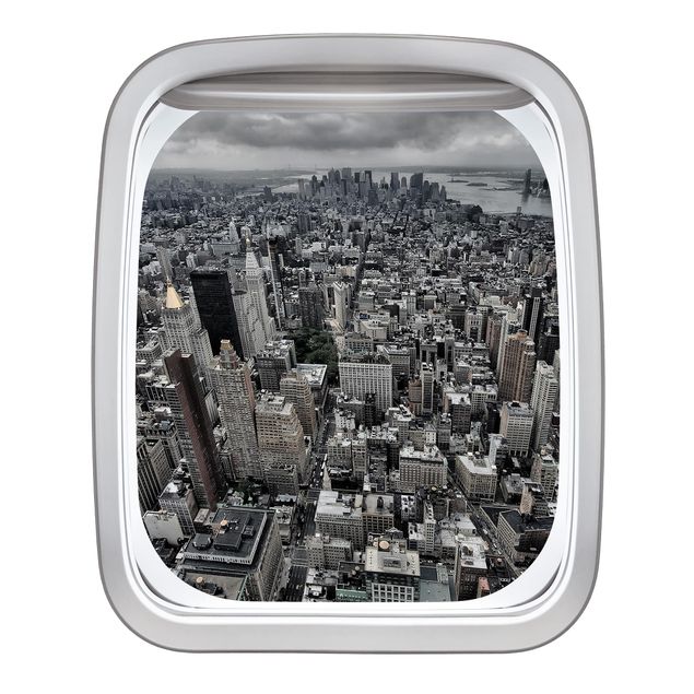 Muurstickers 3d Aircraft Window View Over Manhattan
