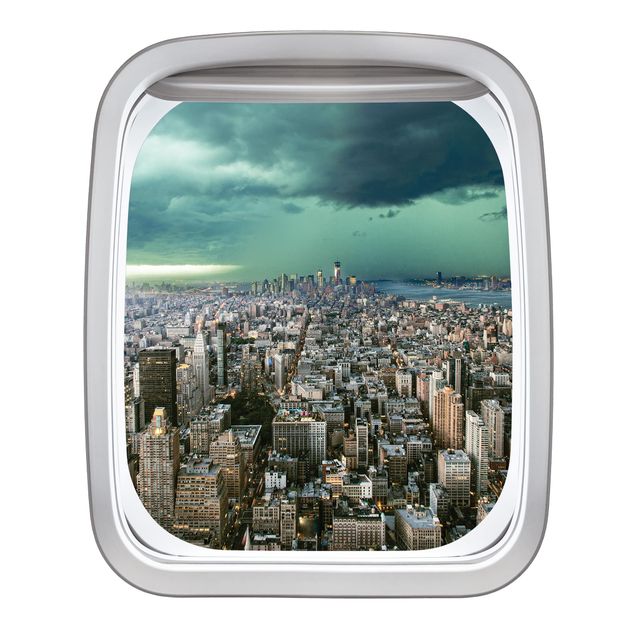 Muurstickers 3d Aircraft Window Skyline New York In The Storm