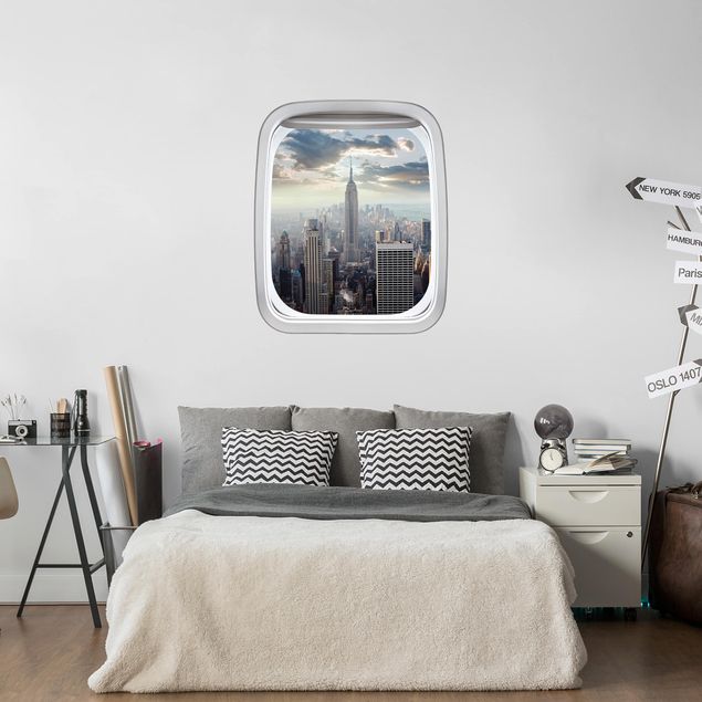 Muurstickers stadsnamen Aircraft Window Sunrise In New York