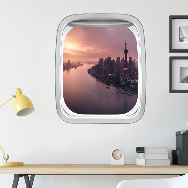 Muurstickers métropole Aircraft Window Sunrise In Shanghai