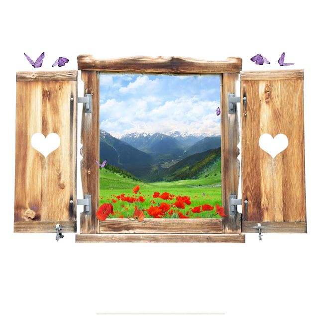 Muurstickers natuur Window With Heart Alpine Meadow