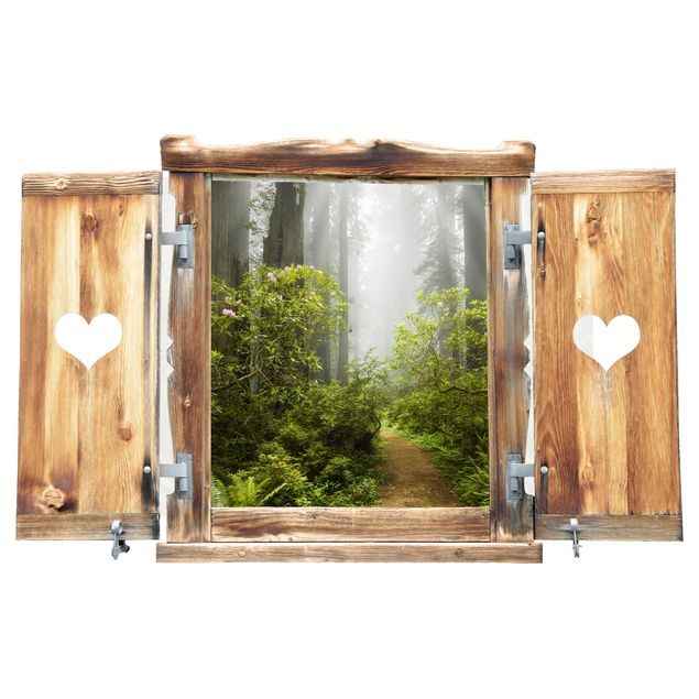 Muurstickers Misty Window With Heart Forest Path
