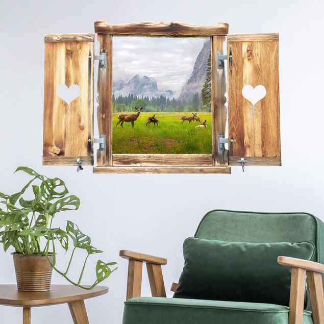 Muurstickers 3d Window With Heart Deer In The Mountains