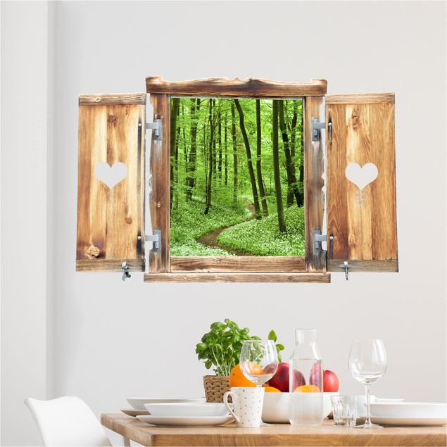 Muurstickers bomen Window With Heart Romantic Forest Track