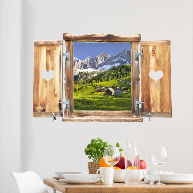Muurstickers 3d Window With Heart Styria Alpine Meadow