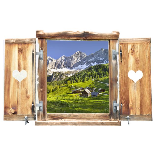 Muurstickers Window With Heart Styria Alpine Meadow